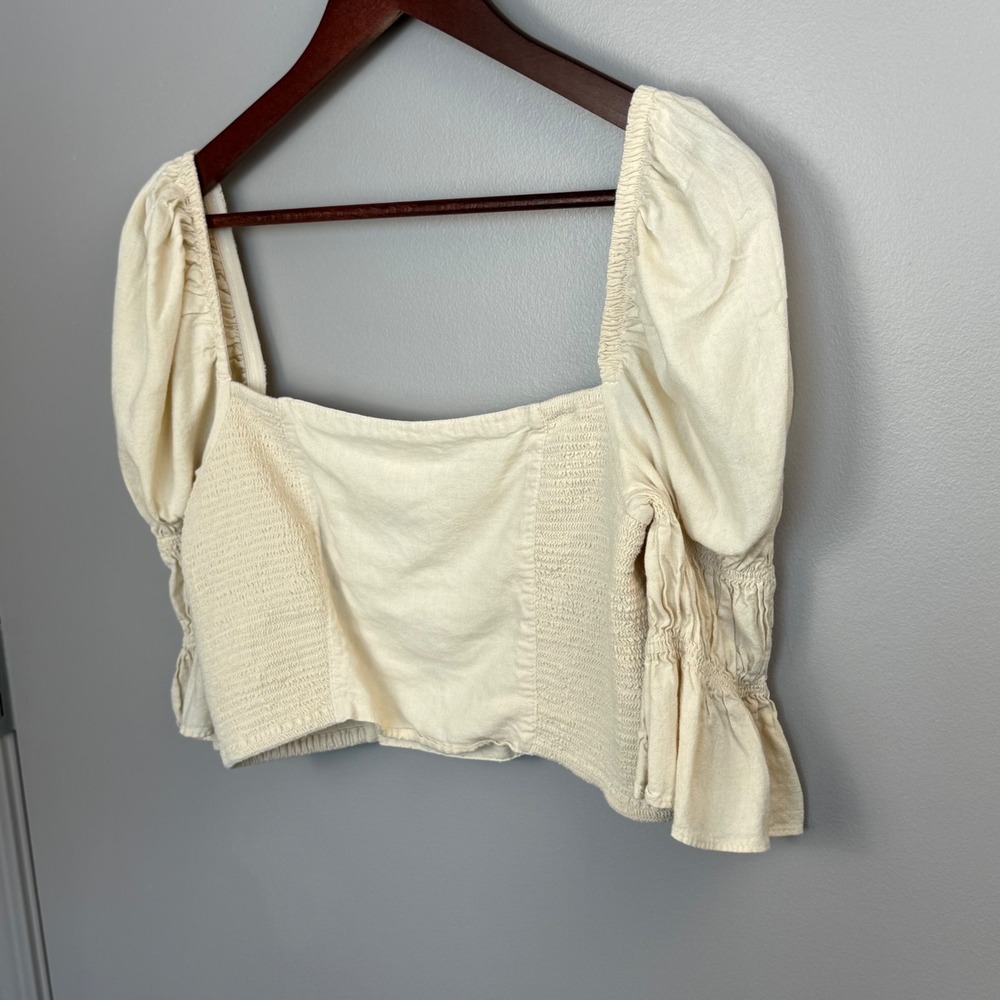Urban Outfitters Smocked‎ Juliet Sleeve Crop Women's L Cream Square Neck Ruffle - Picture 6 of 12